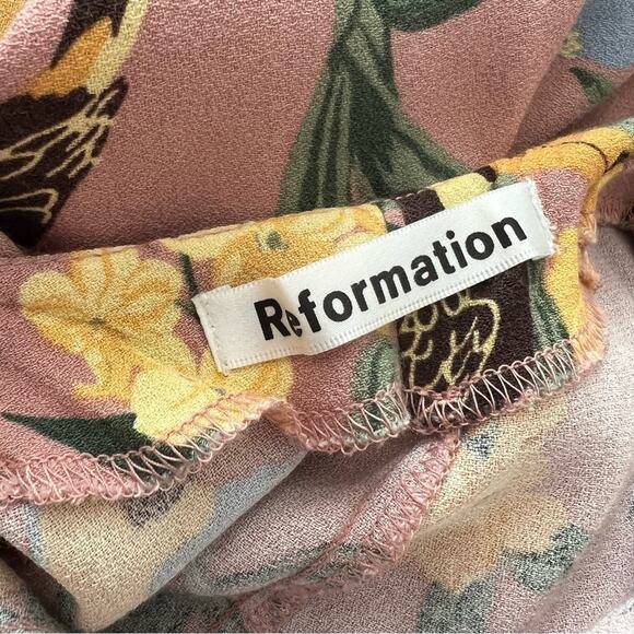 Reformation Jade Dress Midi Conga Tropical Bird Print Pink Yellow Tie Straps - Picture 6 of 10